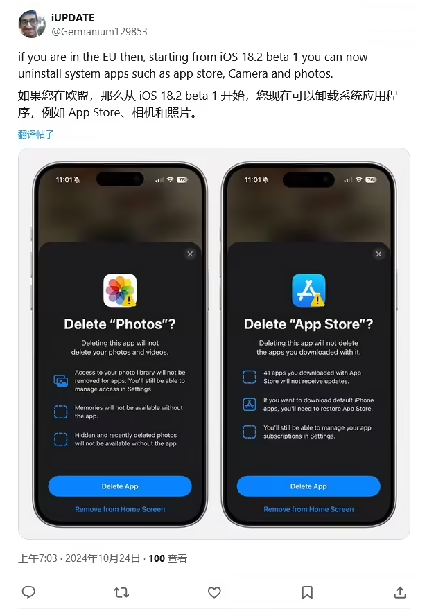 罗山苹果手机维修分享iOS 18.2 支持删除 App Store 应用商店 