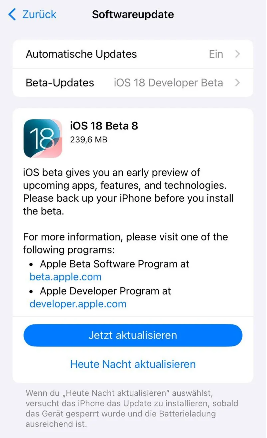 罗山苹果手机维修分享苹果 iOS / iPadOS 18 开发者预览版 Beta 8 发布 